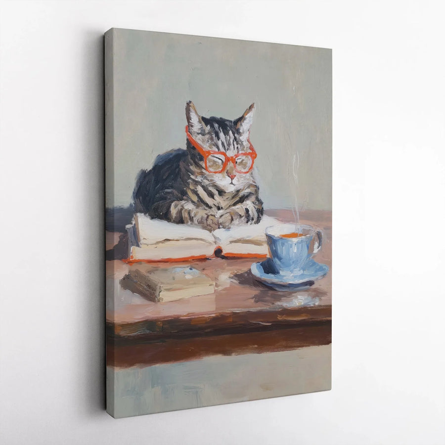 Reading Cat Canvas Wall Art | Whimsical Tabby with Orange Glasses | Premium Gallery-Wrapped Oil Painting Style | Aesthetic Book Lover Gift