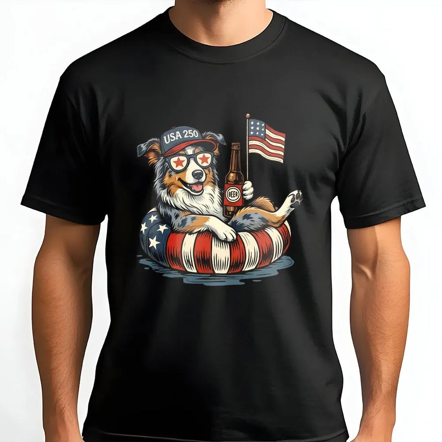 USA 250th Anniversary Dog T-Shirt | Patriotic Aussie Shepherd with American Flag | Premium Unisex Pullover | Independence Day Gift for Dog Lover