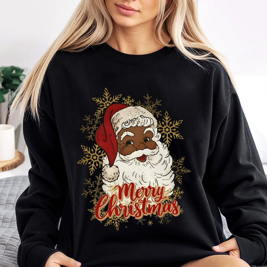 Black Santa Christmas Sweatshirt | African American Santa Claus Graphic | Premium Cotton Blend Cozy Holiday Apparel | Festive Winter Gift for Family
