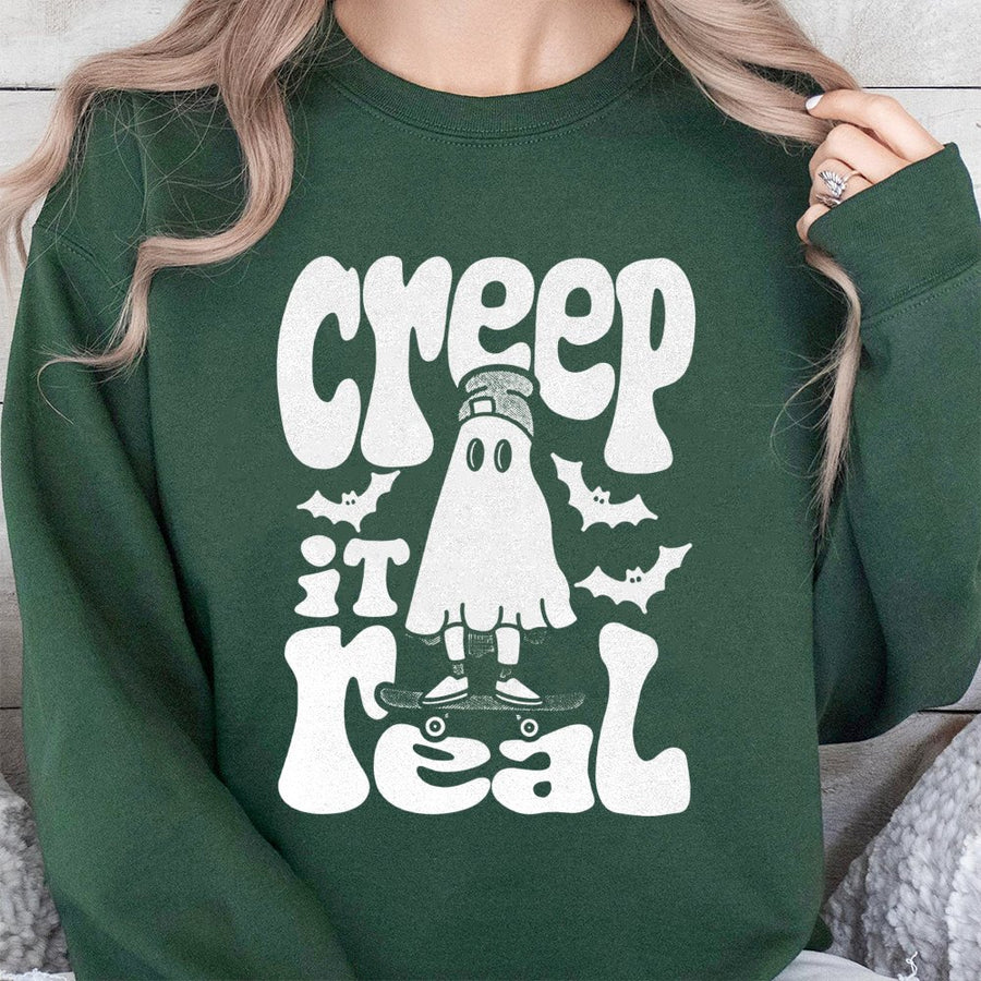 Creep It Real Halloween Sweatshirt | Retro Skater Ghost Graphic | Premium Cotton Blend | Spooky Season Gift for Men and Women