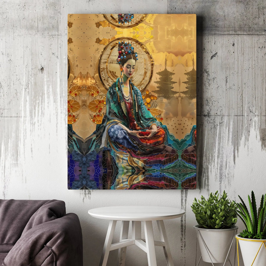 Meditating Empress Canvas Wall Art | Stained Glass Zen Pagoda Decor | Premium Fade-Resistant Print | Spiritual Home Office Gift