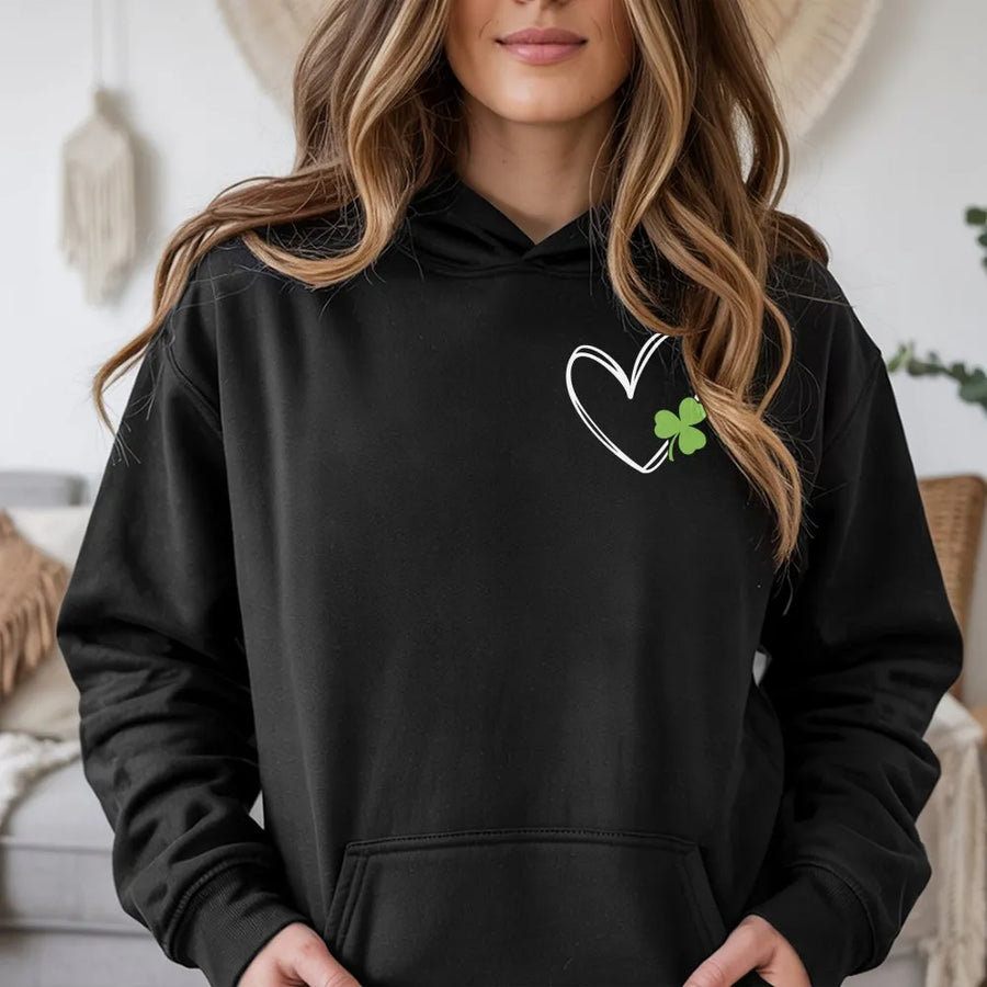 St Patrick's Day Shamrock Heart Hoodie | Minimalist Pocket Print Clover Design | Premium Cotton Blend | Unisex Festive Gift for Her