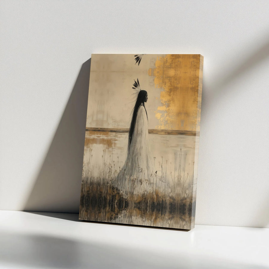 Native American Woman Wall Art | Abstract Gold Leaf Canvas Print | Premium Gallery Wrapped Portrait | Southwestern Home Decor Gift