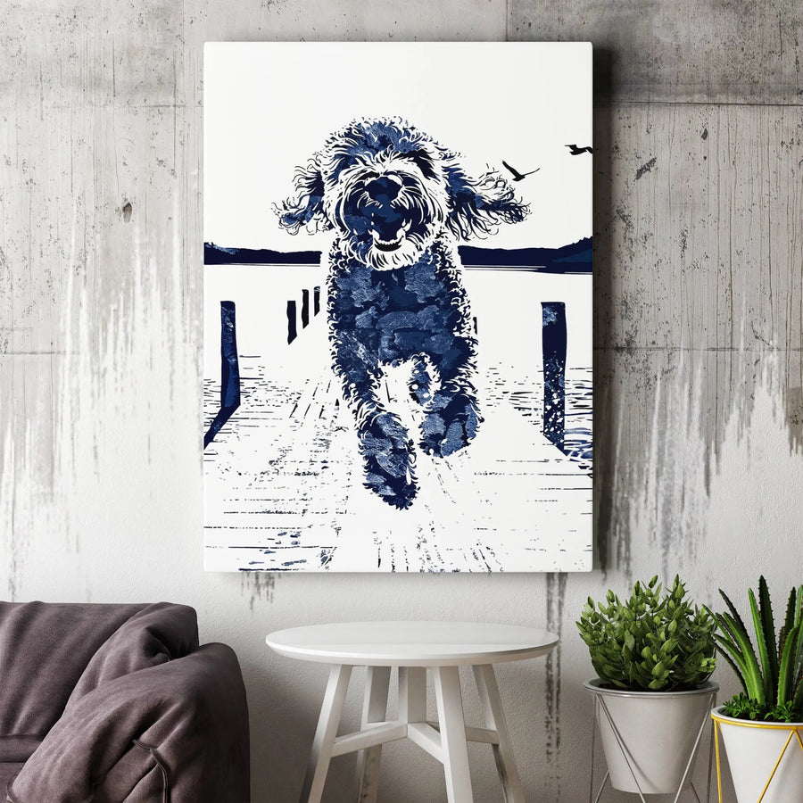 Goldendoodle Dog Canvas Wall Art | Blue And White Running Doodle Print | Premium Gallery Wrapped Decor | Gift For Dog Lovers