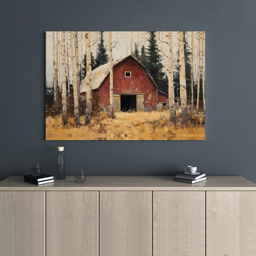 Rustic Red Barn Canvas Art | Birch Tree Forest Landscape Painting | Premium Gallery Wrapped Wall Decor | Farmhouse Living Room Gift
