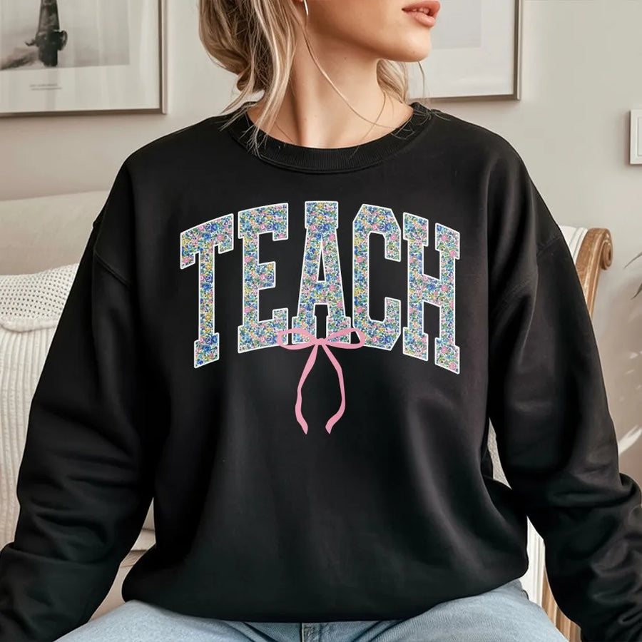 Floral Teacher Sweatshirt | Cute Coquette Bow Teach Design | Premium Comfort Colors Tee | Teacher Appreciation Gift for Women