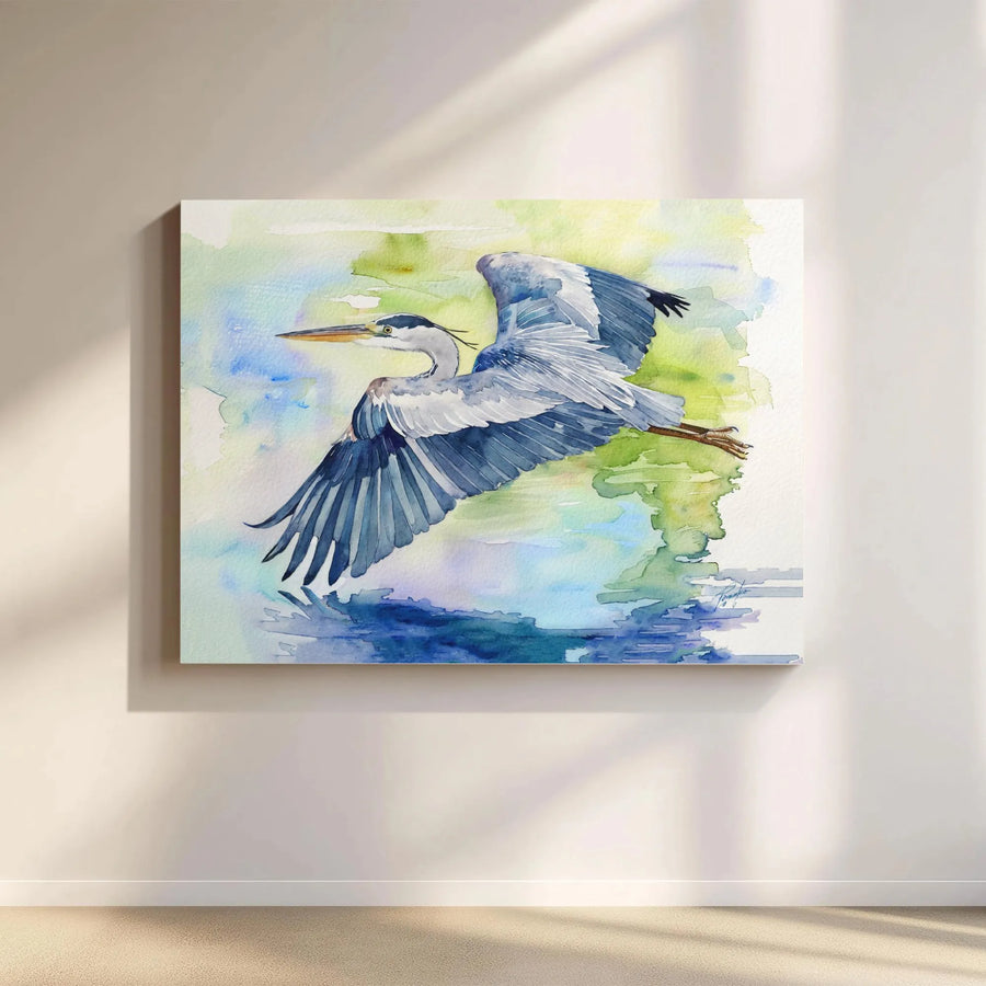 Great Blue Heron Canvas Art | Watercolor Bird In Flight | Premium Gallery Wrap Print | Coastal Home Decor Wall Hanging