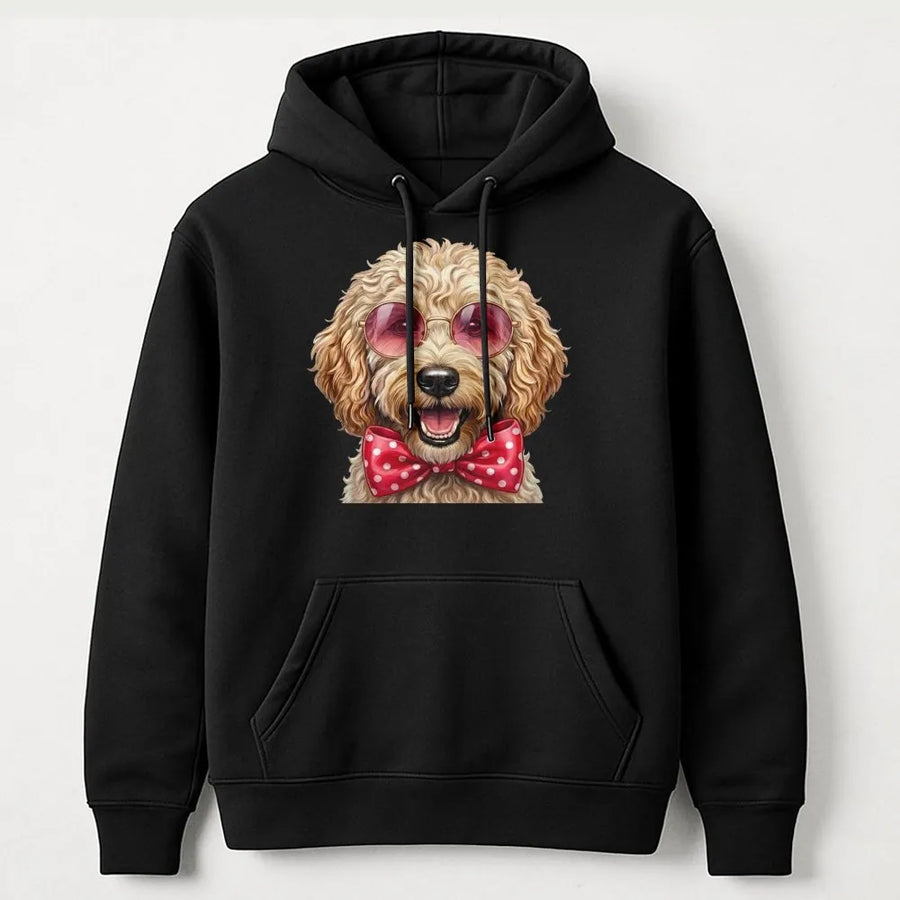 Goldendoodle Hoodie | Cute Dog Wearing Sunglasses and Polka Dot Bow Tie | Premium Cotton Blend Sweatshirt | Doodle Mom Dog Lover Gift