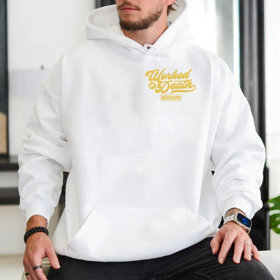 Worked To Death Hoodie | Retro Typographic Graphic | Cotton-Blend Premium Quality | Funny Construction Worker Gift for Laborers