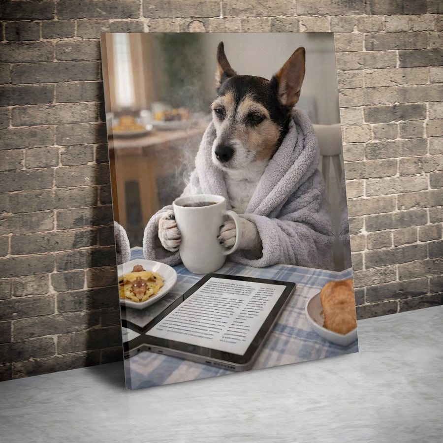 Dog Drinking Coffee Canvas Print | Humorous Pet Morning Routine Art | Premium Gallery Wrapped Decor | Funny Gift For Dog Lovers & Bookworms