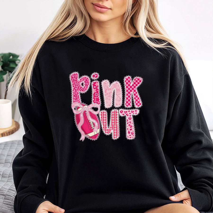 Pink Out Football Sweatshirt | Coquette Bow Preppy Game Day Apparel | Cotton Blend Crewneck | Breast Cancer Awareness Gift for Football Moms