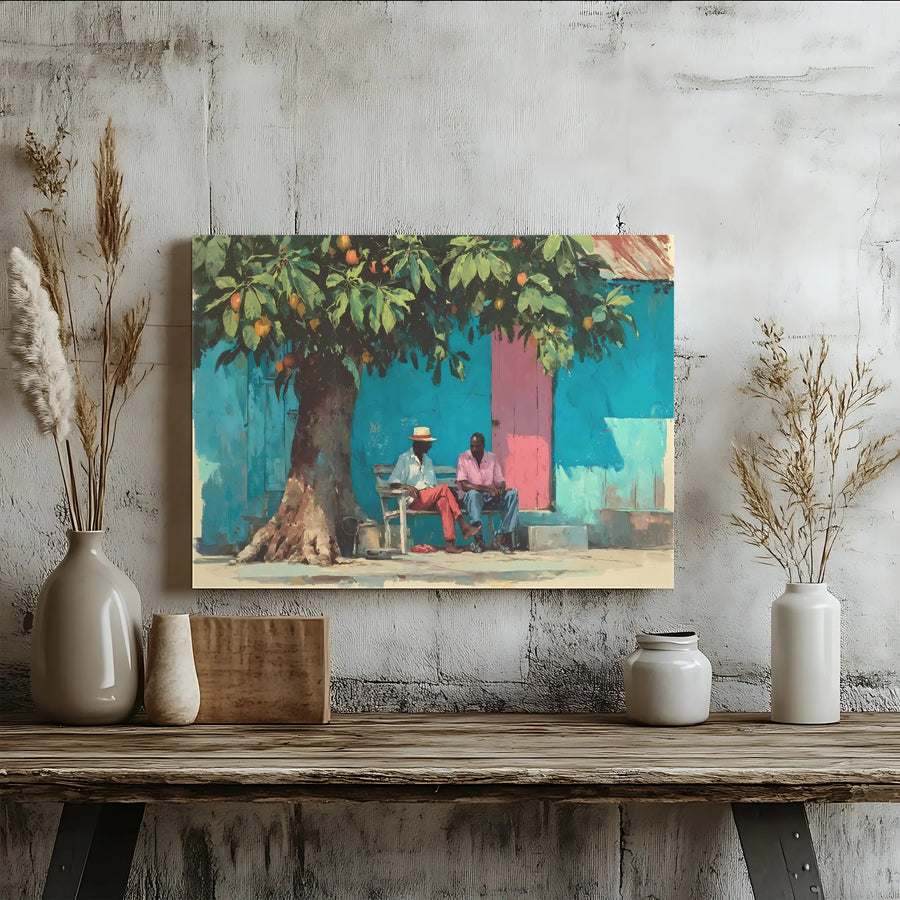 Tropical Island Life Horizontal Canvas Wall Art | Impressionist Village Scene Art Print | Premium 1.25 Inch Gallery Wrap | Vibrant Coastal Living Room Decor Gift