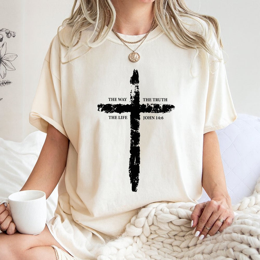 John 14:6 Bible Verse T-Shirt | Rustic Cross Faith Graphic | 100% Cotton Premium Tee | Christian Religious Gift for Men and Women