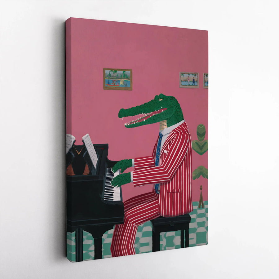 Crocodile Piano Player Canvas Art | Whimsical Animal Musician Print | Gallery Wrapped Premium Decor | Funny Jazz Music Lover Gift