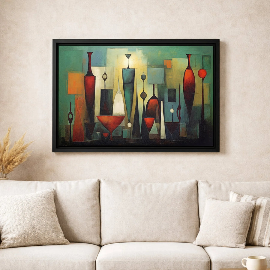 Mid-Century Modern Abstract Canvas Wall Art | Geometric Still Life Vase Print | Gallery Quality 1.25 Inch Thick | Retro Home Decor Statement