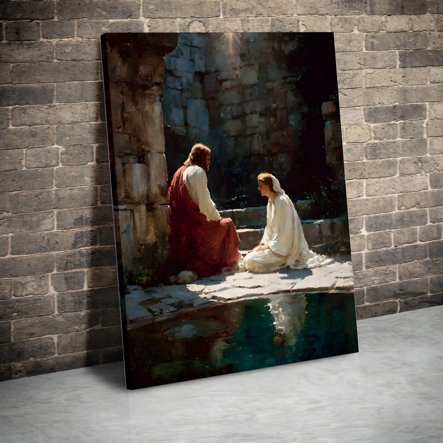 Jesus and the Samaritan Woman at the Well Wall Art | Fine Art Religious Oil Painting Print | Gallery Quality 1.25-inch Canvas | Inspirational Christian Gift
