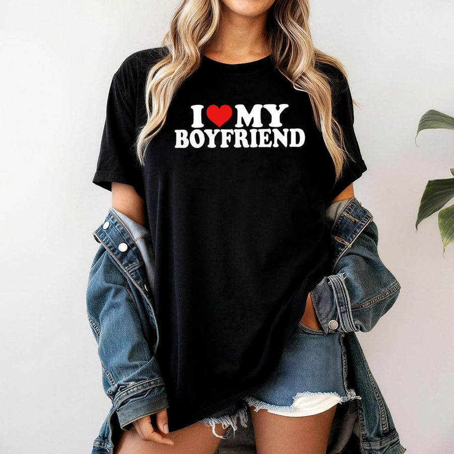 I Love My Boyfriend T-Shirt | Retro Graphic Heart Tee | 100% Soft Cotton Premium Apparel | Cute Valentines Day Gift for Girlfriend