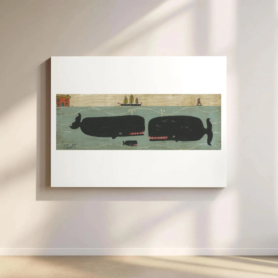 Folk Art Whale Family Canvas | Nautical Lighthouse & Ship Wall Decor | Premium 1.25 Inch Gallery Wrap | Coastal Living Room Art Gift
