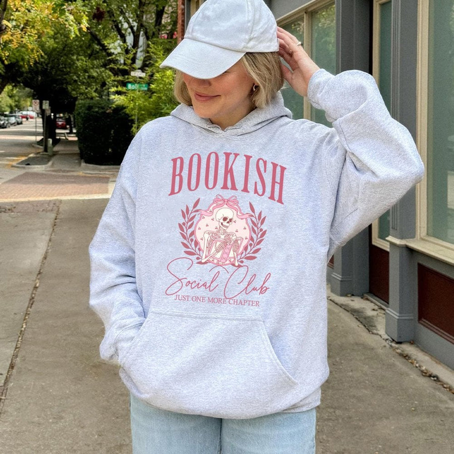 Bookish Social Club Hoodie | Coquette Aesthetic Skeleton Reading Design | Premium Cotton Blend | Gift For Book Lovers & Library Readers