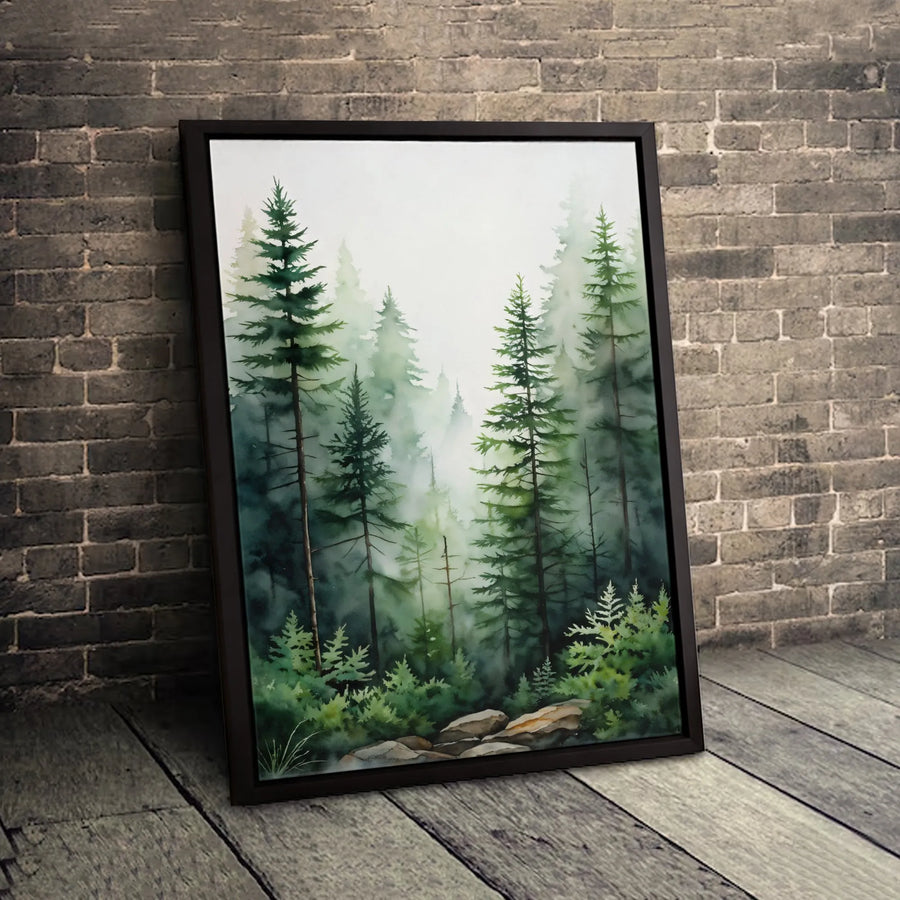 Misty Pine Forest Wall Art | Watercolor Nature Landscape Canvas Print | Premium Gallery Wrap 1.25" Profile | Serene Home Office Decor Gift