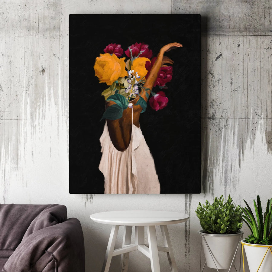 Black Woman Floral Art Canvas | Abstract Botanical Portrait Print | Premium Gallery Wrapped Wall Decor | Statement Gift for Her Home Office
