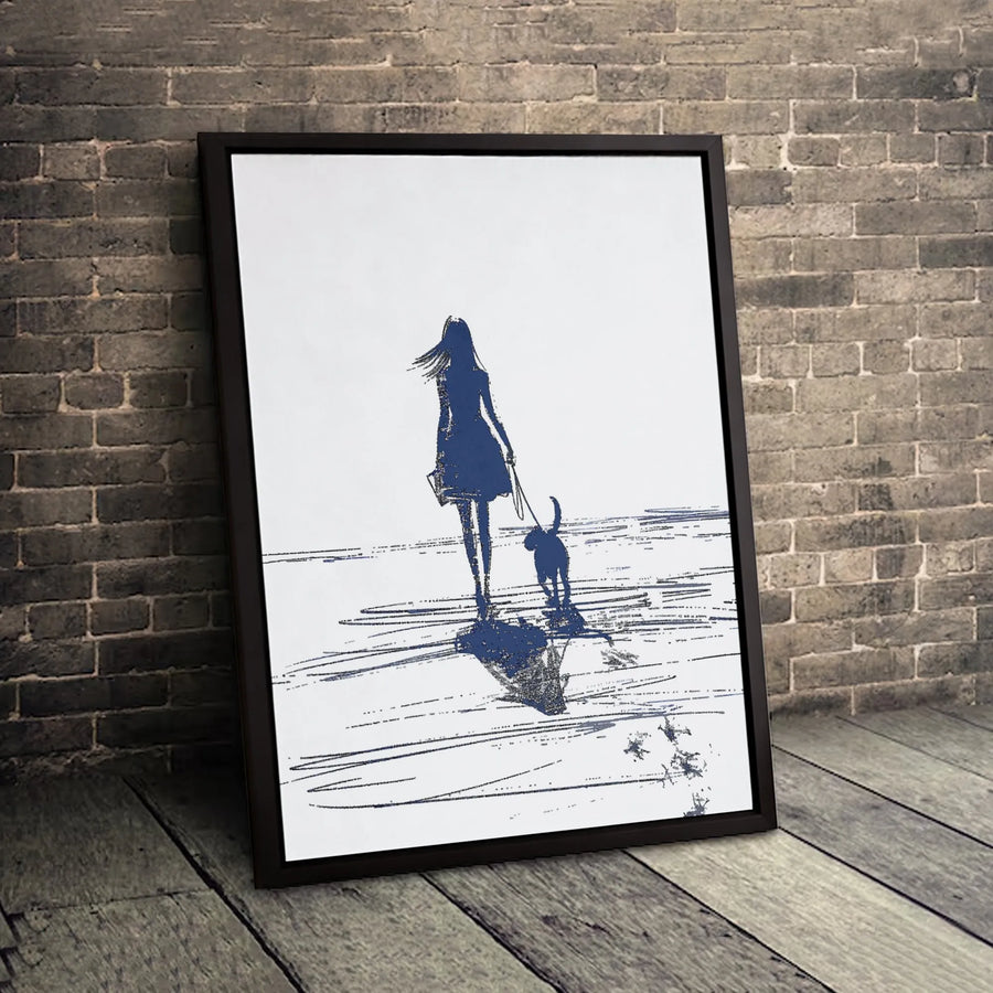 Woman Walking Dog Canvas Wall Art | Minimalist Blue Silhouette Illustration | Premium Gallery Wrapped Print | Home Decor Gift for Dog Lovers