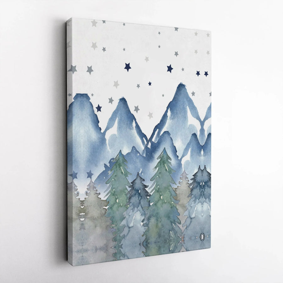 Watercolor Mountain Canvas Wall Art | Night Sky Pine Forest with Stars | Premium Gallery Wrapped Print | Boho Nursery Decor Gift for Kids Room