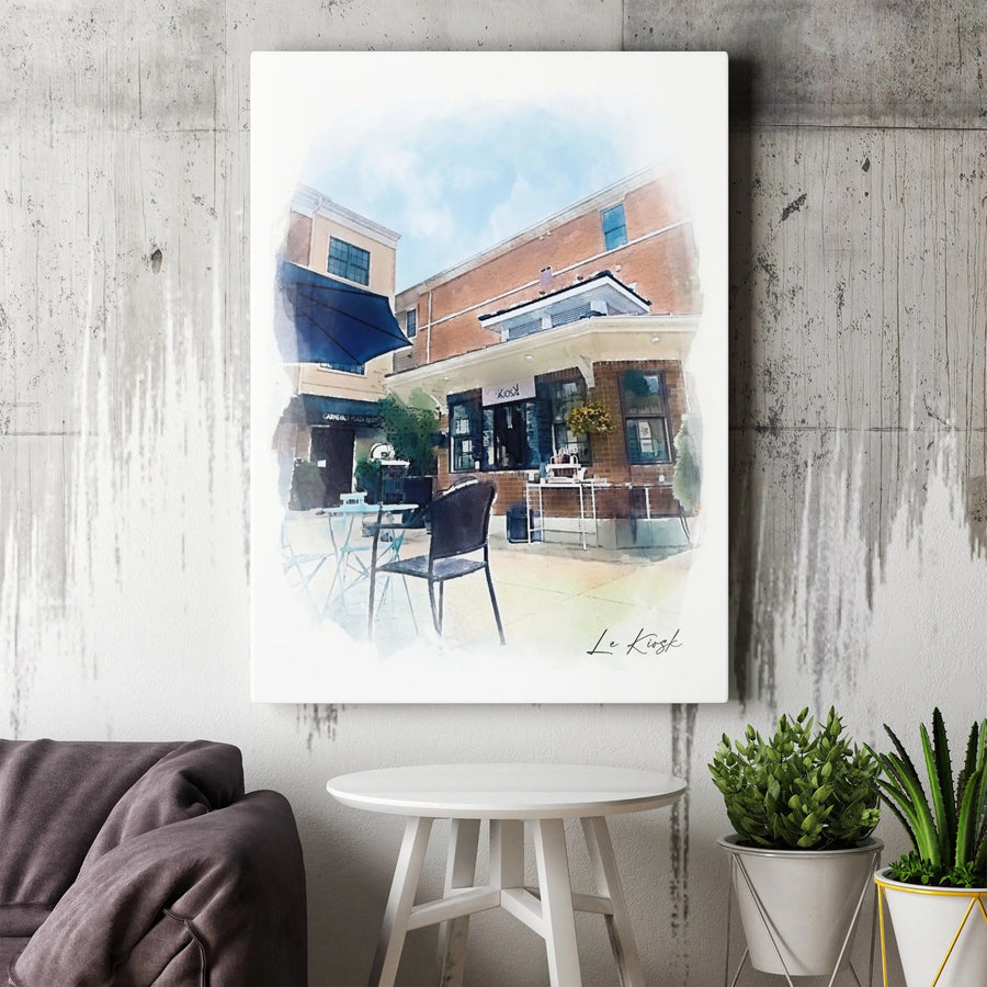 Cafe Street Scene Canvas | Watercolor French Bistro Art | Premium 1.25 Inch Gallery Wrap | Parisian Style Wall Decor For Home Office