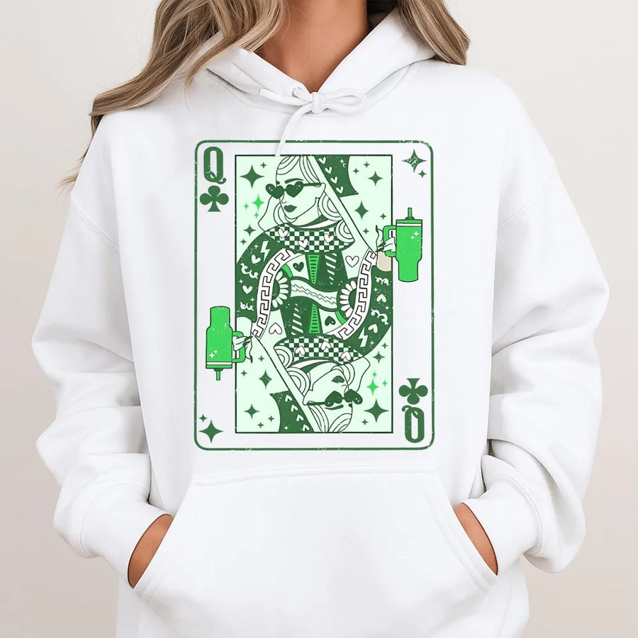 Queen of Clubs St. Patrick's Day Hoodie | Retro Playing Card Graphic | Premium Cotton Blend | Gift for Her & Pub Crawl Outfits