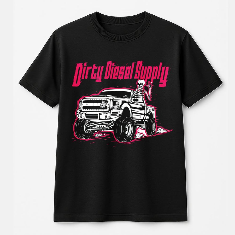Dirty Diesel Supply Graphic T-Shirt | Skeleton Driving Lifted Truck Print | Premium 100% Cotton | Gift for Diesel Truck Lovers & Gearheads