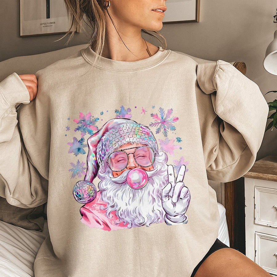 Pink Santa Sweatshirt | Disco Ball Hat Bubble Gum Graphic | Premium Cotton Blend | Retro Christmas Holiday Gift for Women and Teen Girls