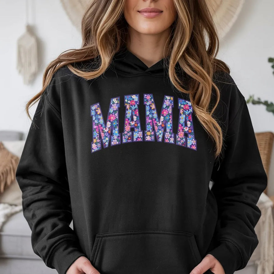 Mama Floral Hoodie | Varsity Letter Botanical Design | Soft Cotton-Poly Blend | Premium Trendy Gift for Mom