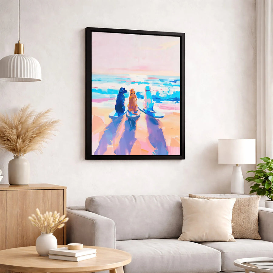 Three Dogs Surfing Canvas Wall Art | Abstract Beach Dog Painting | Gallery Quality 1.25 inch Thick | Coastal Home Decor Gift for Dog Lovers