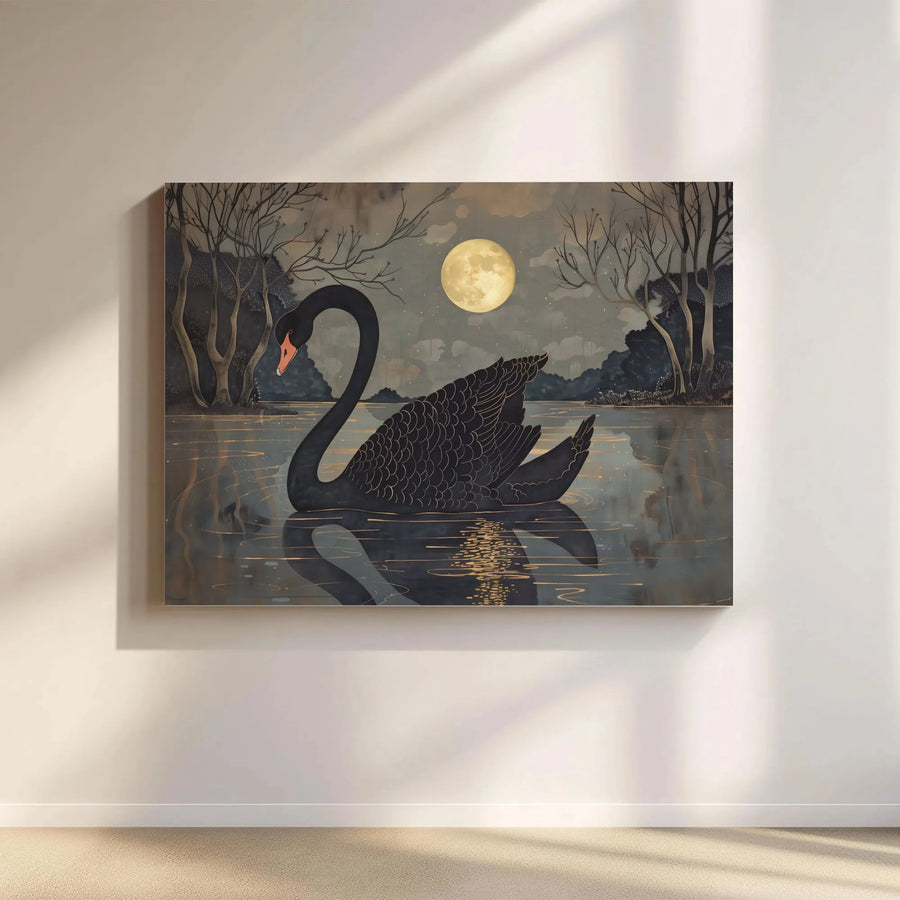 Black Swan Canvas Wall Art | Moody Full Moon Lake Landscape | Premium Gallery Wrap Print | Elegant Nature Home Decor Gift