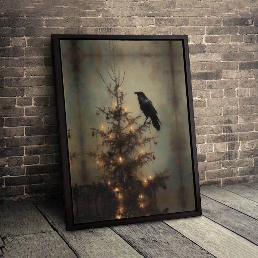 Gothic Raven Christmas Tree Canvas Art | Dark Academia Wall Decor | Premium 1.25-Inch Framed Print | Moody Holiday Home Gift for Winter Lovers