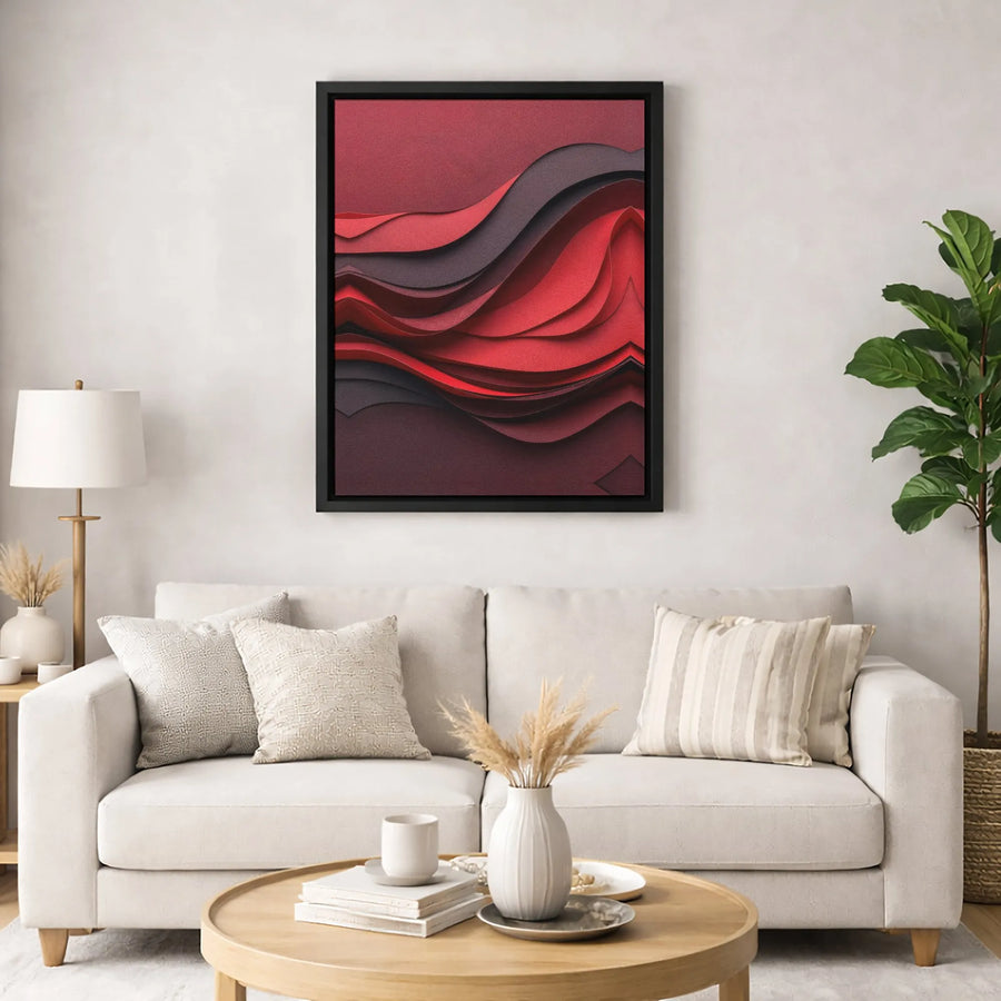 Abstract Red and Black Canvas Wall Art | 3D Layered Wave Design | Premium Gallery Wrapped Print | Modern Minimalist Decor for Living Room