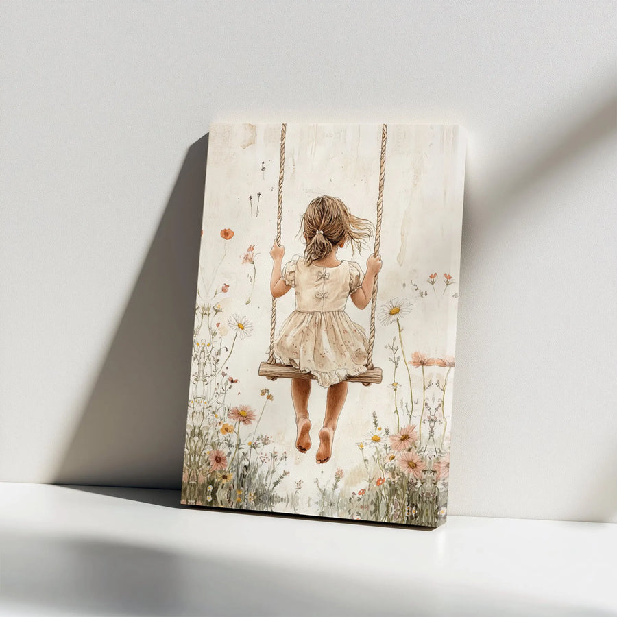 Girl on Swing Canvas Wall Art | Watercolor Wildflower Meadow | Premium Gallery Wrapped Canvas | Nursery & Girls Room Decor Gift