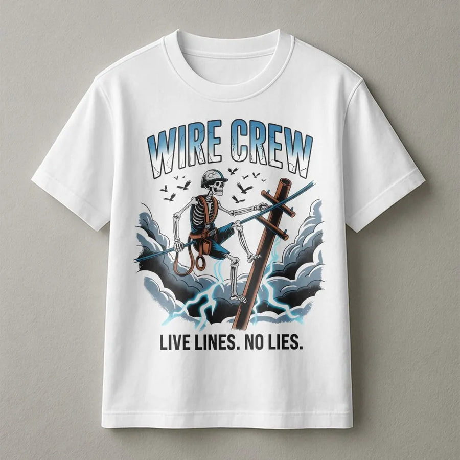Lineman Skeleton T-Shirt | Wire Crew Electric Utility Design | 100% Cotton Graphic Tee | Funny Lineman Gift for Electricians & Power Line Workers