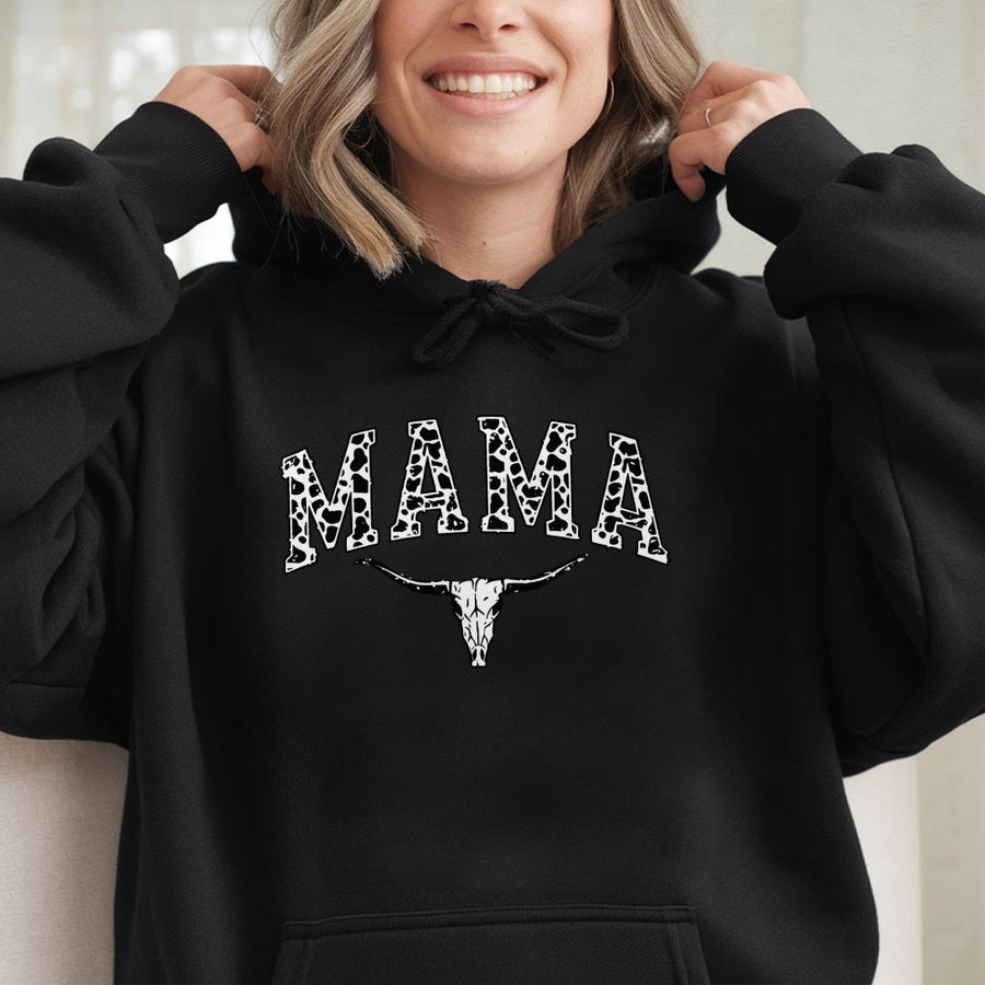 Mama Longhorn Hoodie | Western Cow Print Graphic Design | Premium Soft Cotton Blend | Trendy Country Aesthetic Gift for Women