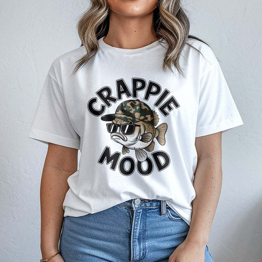 Crappie Mood Fishing T-Shirt | Funny Fish Graphic With Camo Hat | Premium Soft Cotton Tee | Funny Fisherman Gift For Him Or Her