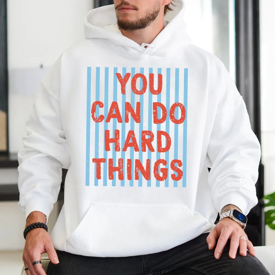 You Can Do Hard Things Hoodie | Retro Striped Inspirational Quote | Premium Soft Pullover | Motivational Gift for Women and Teens