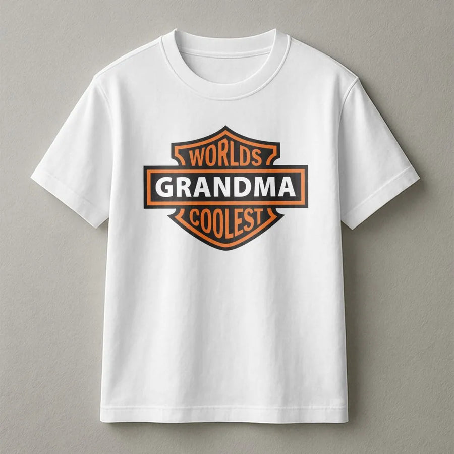 Worlds Coolest Grandma T-Shirt | Biker Club Emblem Style Design | Premium Soft Cotton | Fun Gift Idea for Motorcycle Riding Grandmother