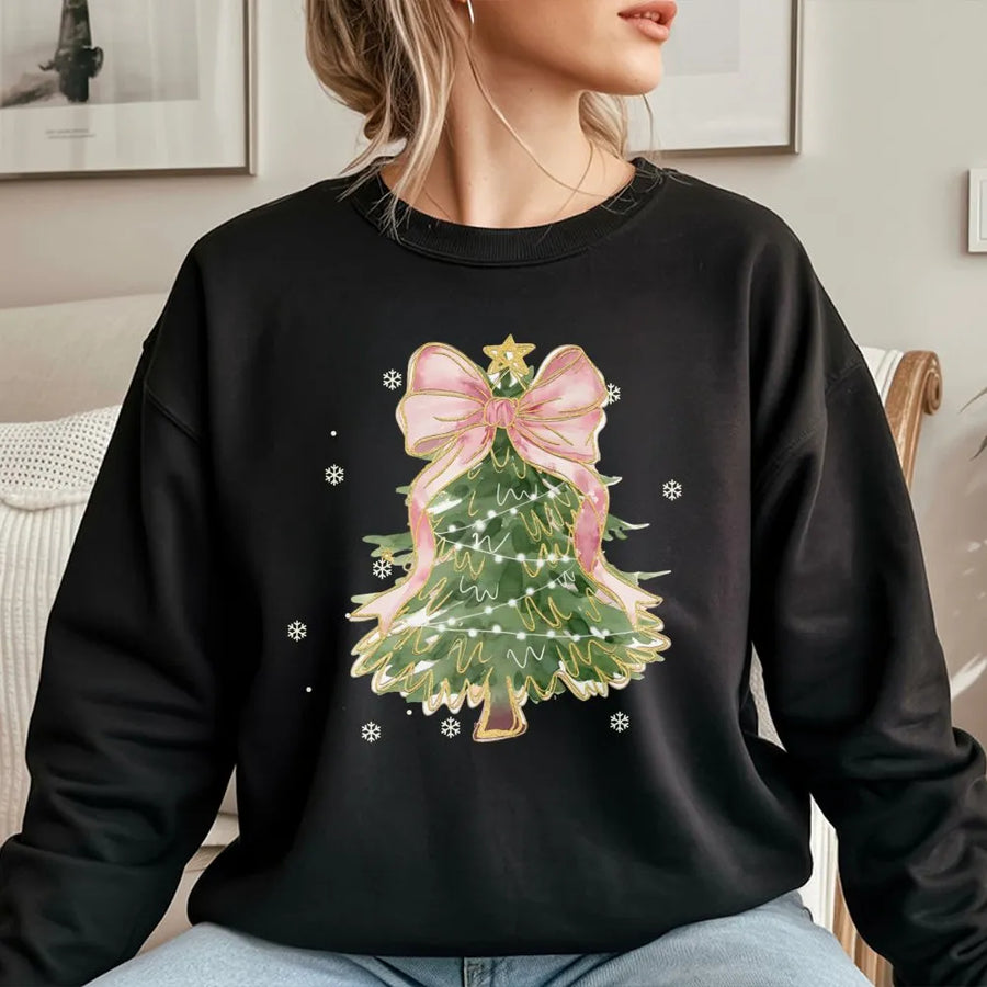 Coquette Christmas Tree Sweatshirt | Aesthetic Pink Bow Holiday Graphic | Soft Cotton Blend Unisex Pullover | Trendy Winter Gift For Her