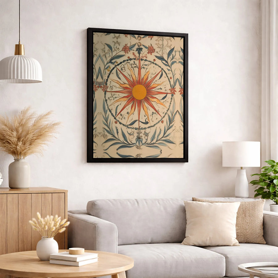 Celestial Sun Wall Art | Vintage Botanical Floral Design | Premium Gallery-Wrapped Canvas | Boho Home Decor Gift