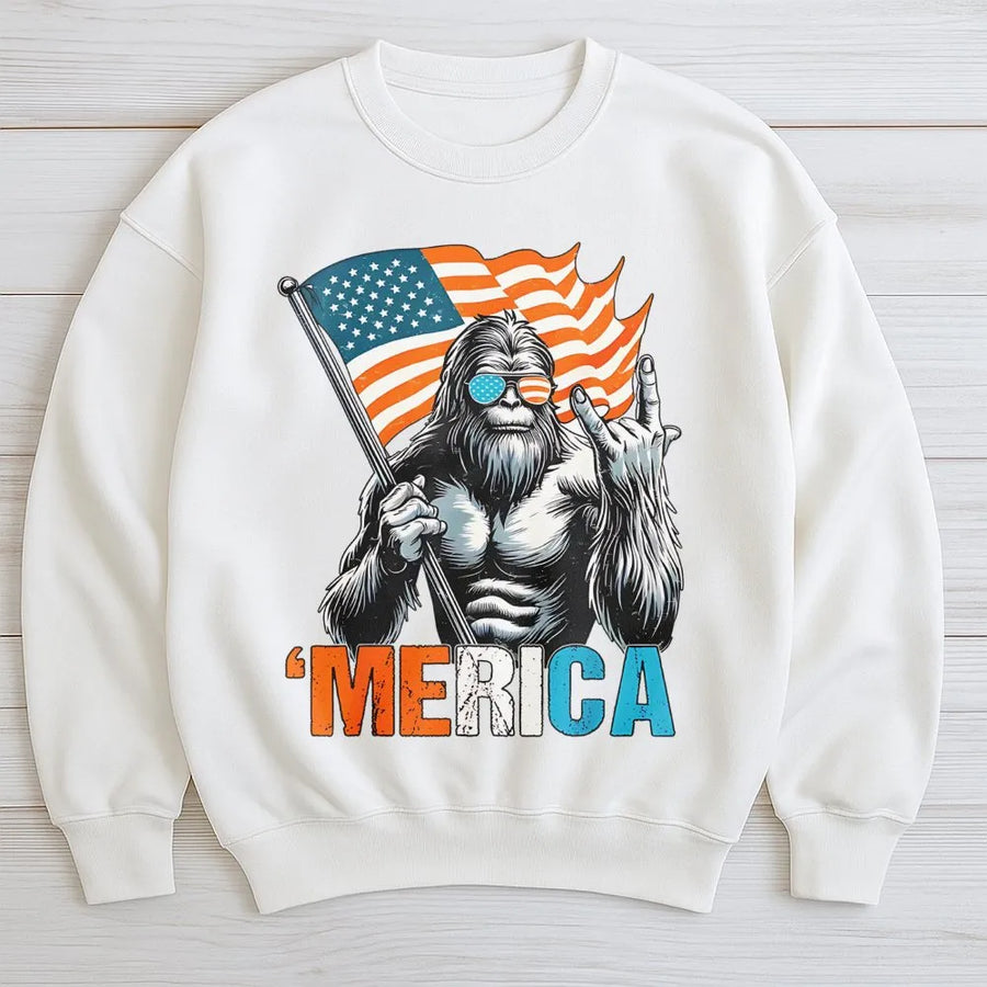 Bigfoot American Flag Sweatshirt | Patriotic Merica Sasquatch Graphic | Soft Cotton-Blend Pullover | Funny Fourth of July Gift for Men and Women
