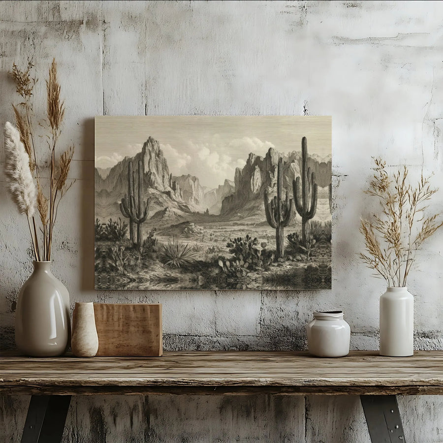 Arizona Desert Landscape Canvas | Vintage Saguaro Cactus Engraving Art | Premium Gallery Wrapped Wall Decor | Southwestern Home Interior Gift