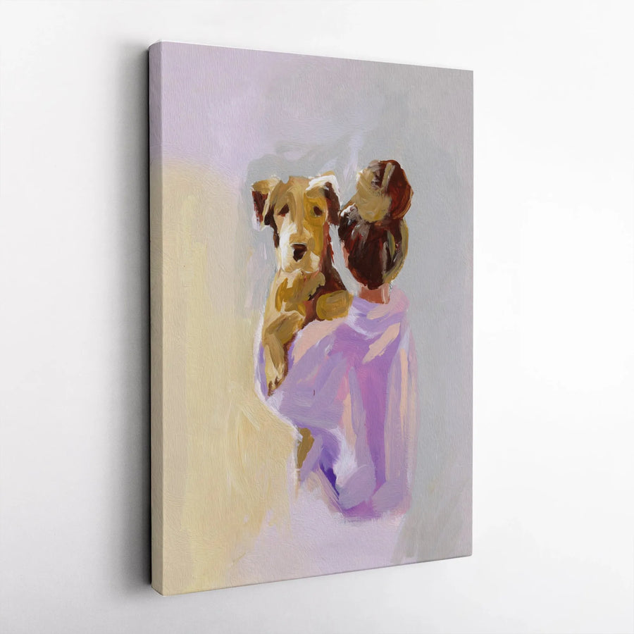 Woman and Dog Canvas Wall Art | Impressionist Airedale Terrier Painting | Premium Thick Gallery Wrap Canvas | Gift for Dog Mom, Pet Lover Home Decor