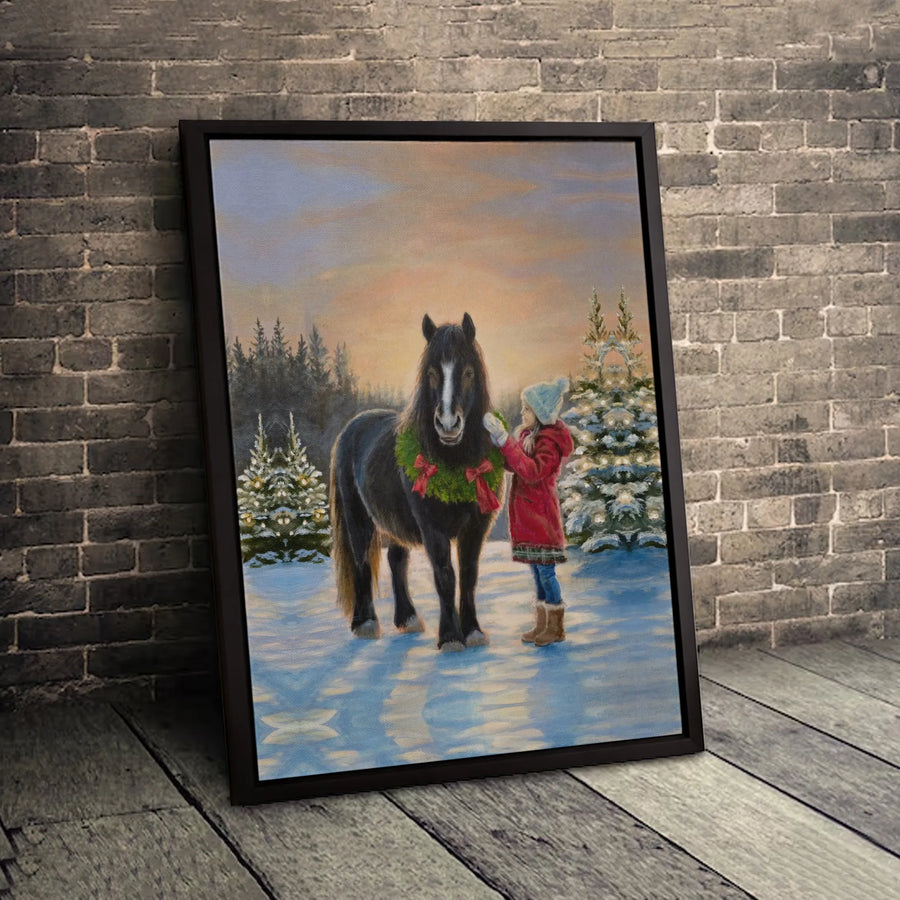 Horse Christmas Canvas Wall Art | Girl Petting Horse in Snowy Forest Scene | Gallery-Wrapped Premium Print | Holiday Decor Gift for Horse Lovers