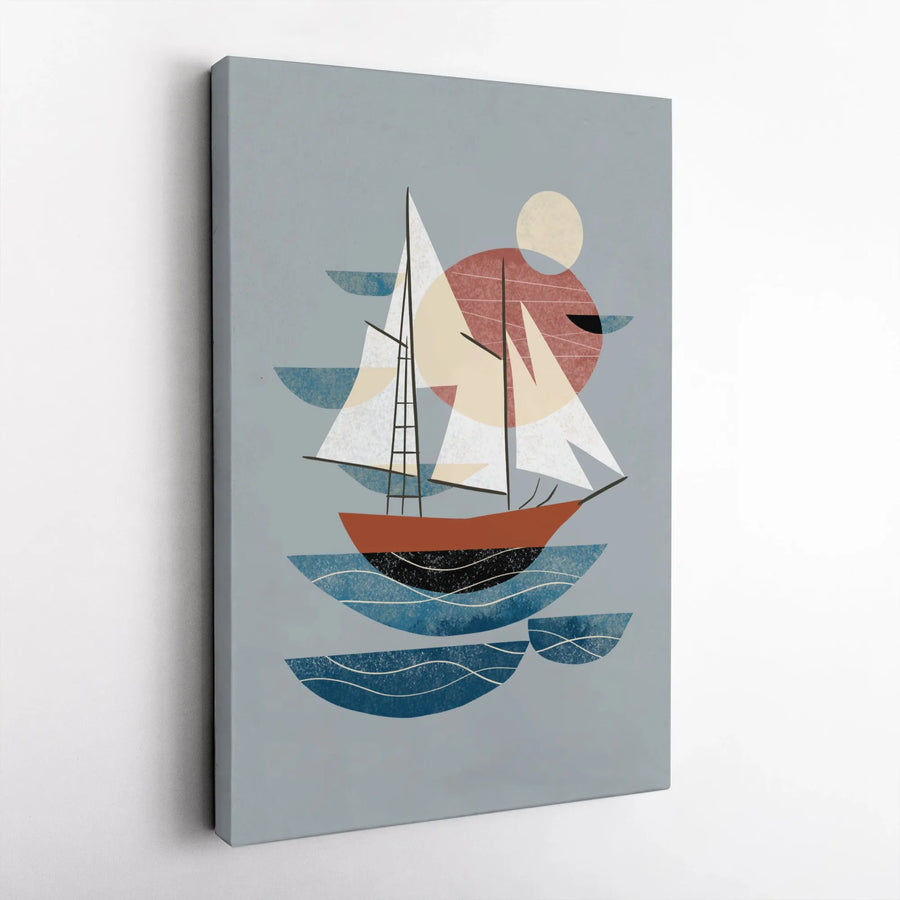 Mid Century Modern Sailboat Canvas Print | Abstract Geometric Boat Illustration | Thick 1.25" Gallery Wrap | Premium Gift for Coastal Home Decor