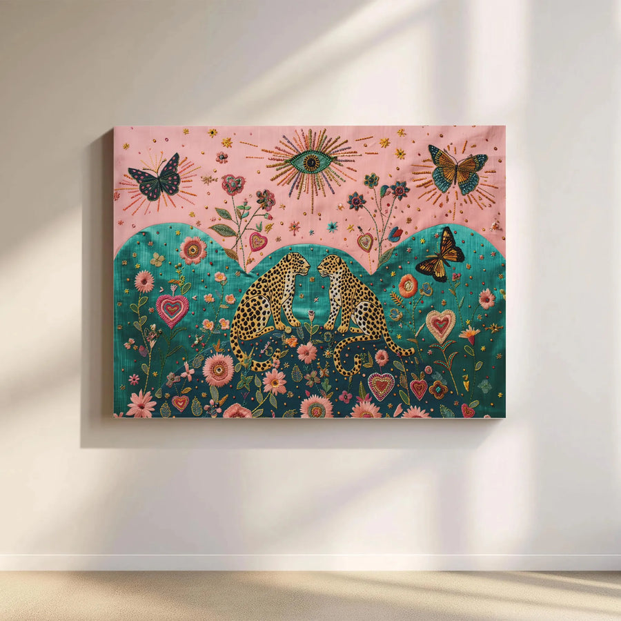 Boho Leopard Canvas Wall Art | Maximalist Floral Butterfly Print | Premium 1.25" Gallery Wrap | Spiritual Animal Home Decor Gift
